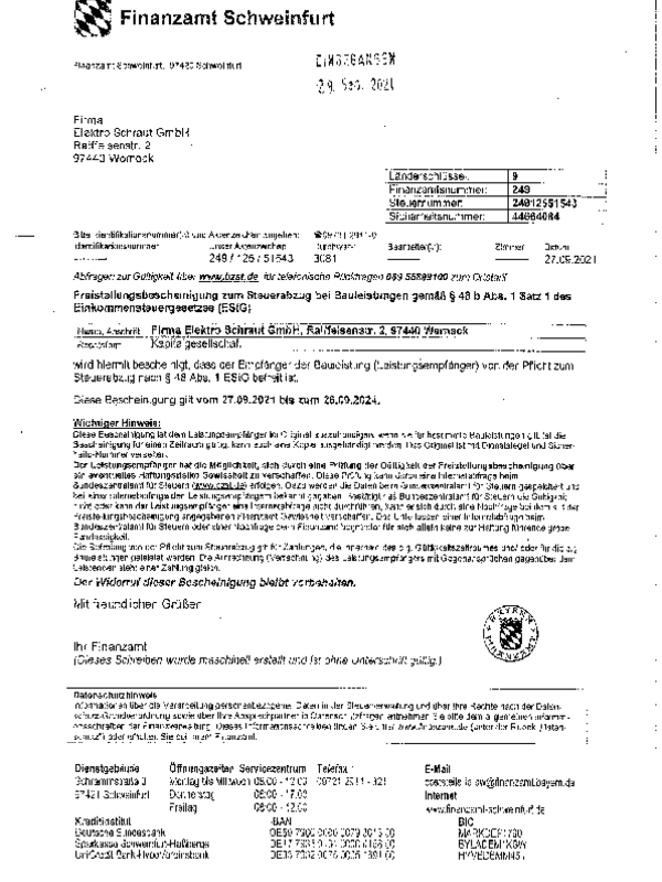Freistellungsbescheinigung bei Elektro Schraut GmbH in Essleben
